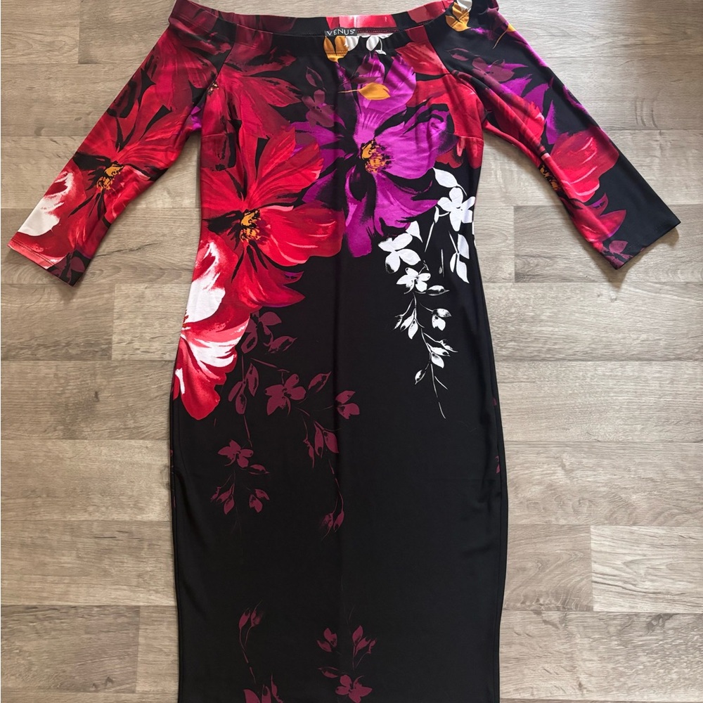 Floral Off-Shoulder Dress - Red, Pink, Black